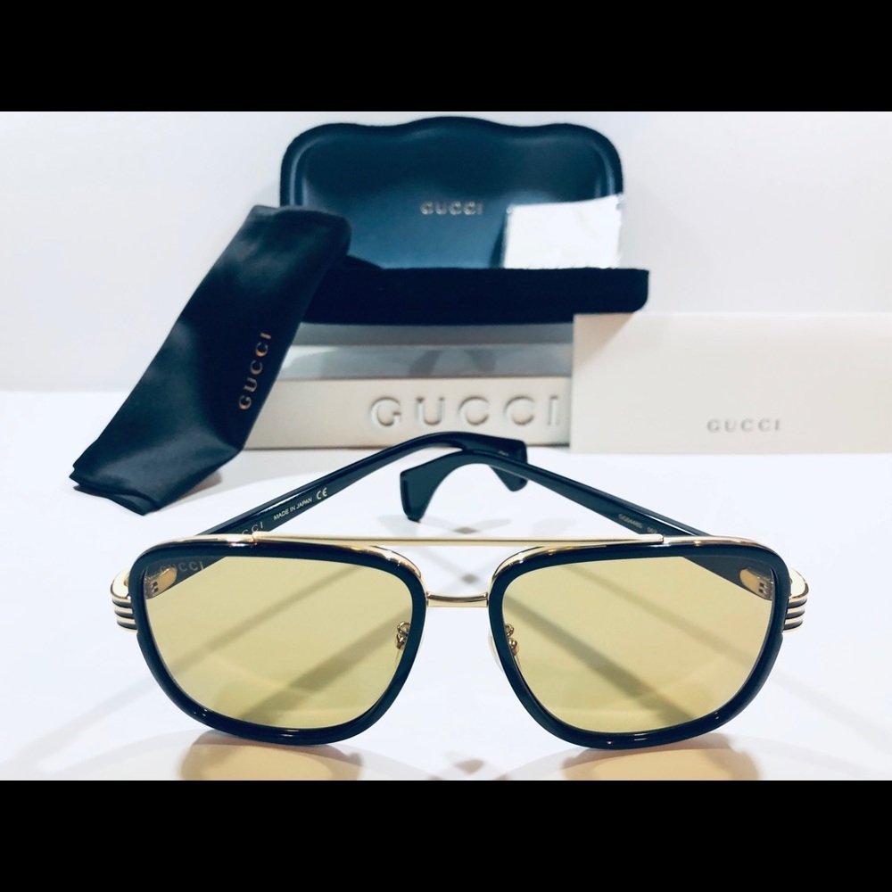 Gucci Men's Sunglasses Black & Gold w/ Brown Lens